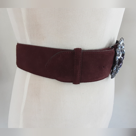 ABACO Paris Crystal Buckle Burgundy Suede Belt Made in France Sz L - Vtg - Picture 3 of 6
